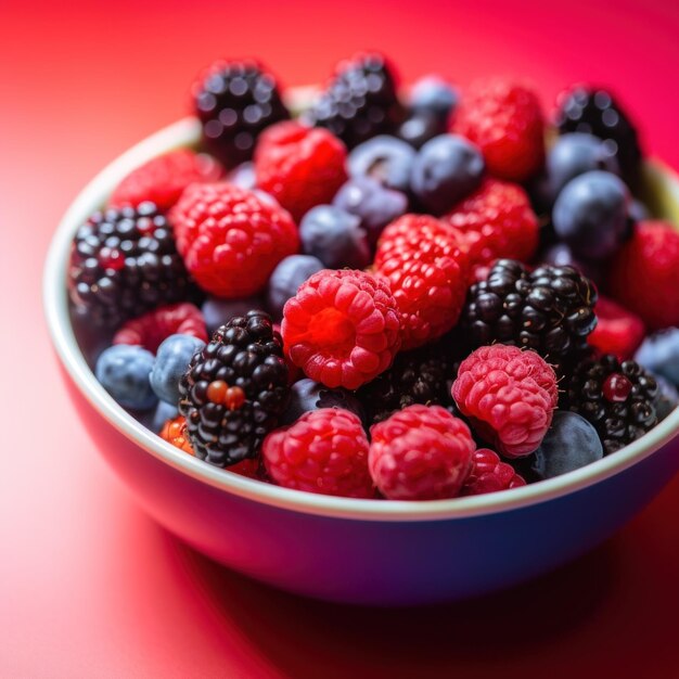 A bowl of berries and raspberries on a red table Generative AI image