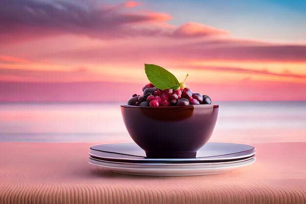 A bowl of berries sits on a plate with a pink sunset in the background