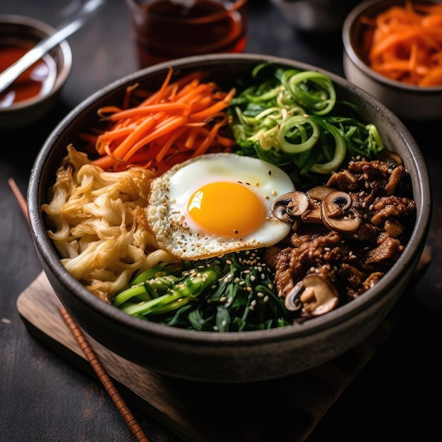 Bowl of bibimbap on the wooden table Traditional korean dish Generative AI