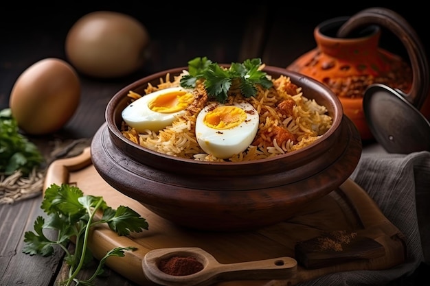 A bowl of biryani with a boiled egg on top