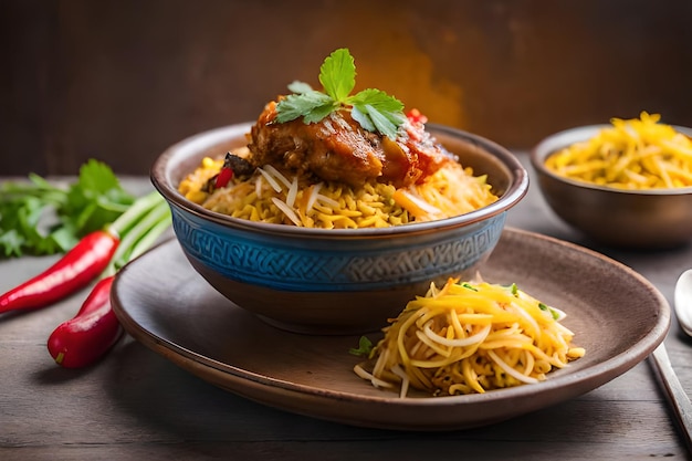 A bowl of biryani with a bowl of chicken and vegetables on the side