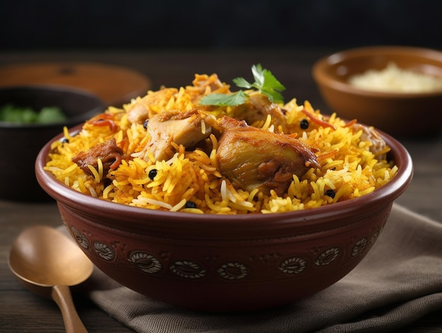 A bowl of biryani with chicken and rice on the side