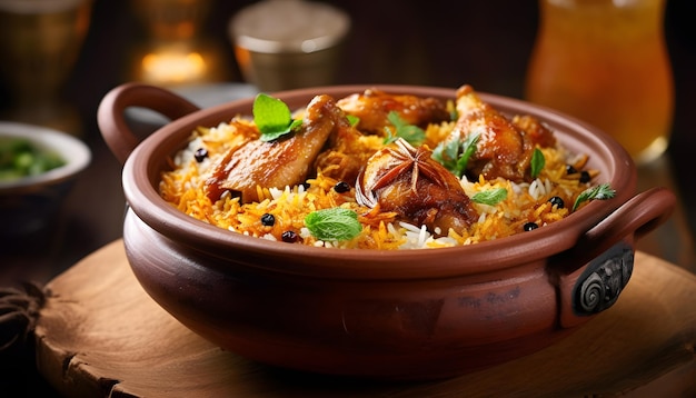 Photo a bowl of biryani with chicken and rice in a wooden bowl