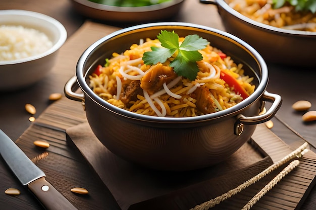 A bowl of biryani with a few other dishes on a table