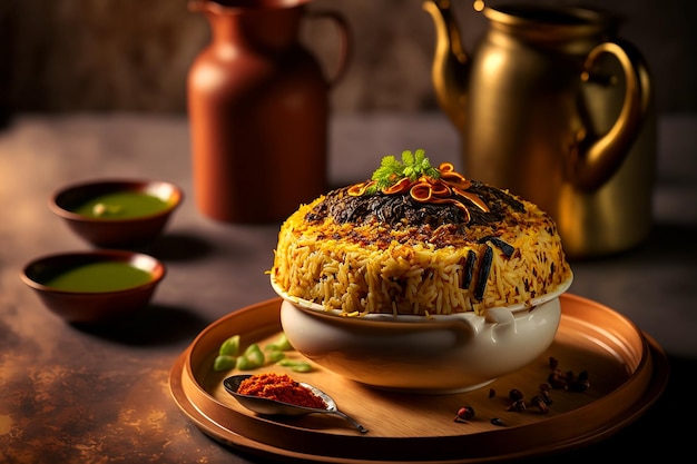 A bowl of biryani with a golden brown background