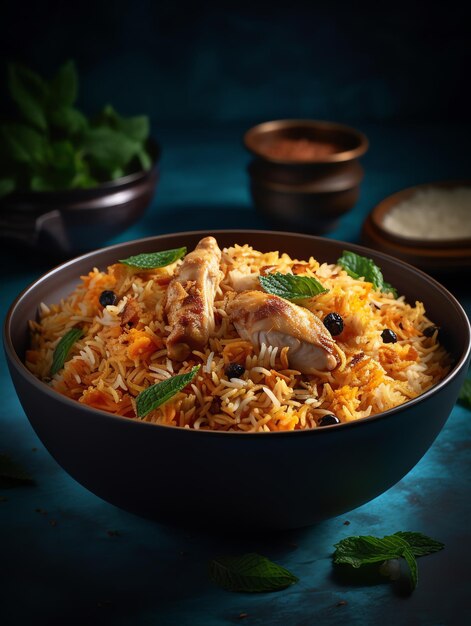 A bowl of biryani with a green leaf and a bowl of rice.