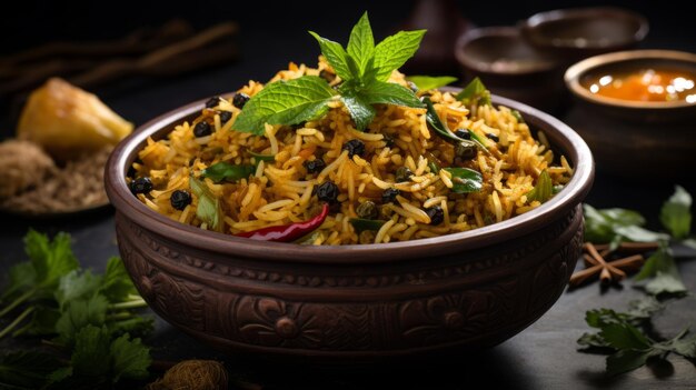 Photo a bowl of biryani with a green leaf on the side