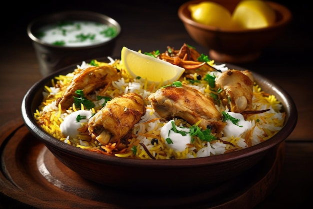 A bowl of biryani with a lemon and lemon on the side