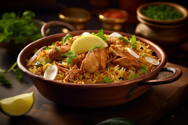 A bowl of biryani with a lemon wedge on the side