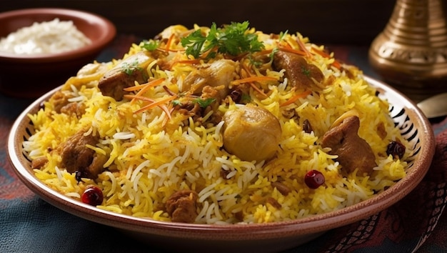 A bowl of biryani with a piece of chicken on it.