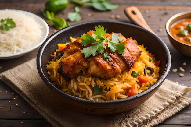 A bowl of biryani with rice and vegetables