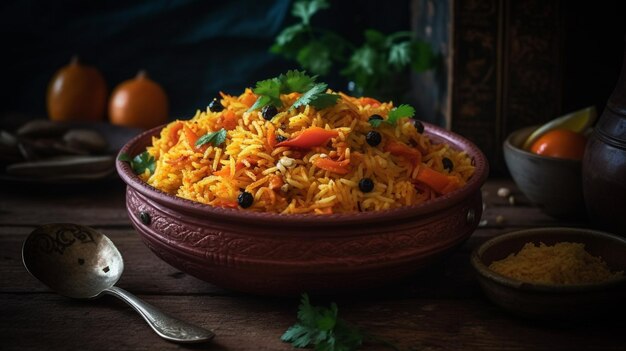 A bowl of biryani with a spoon and a bowl of orange carrots on it