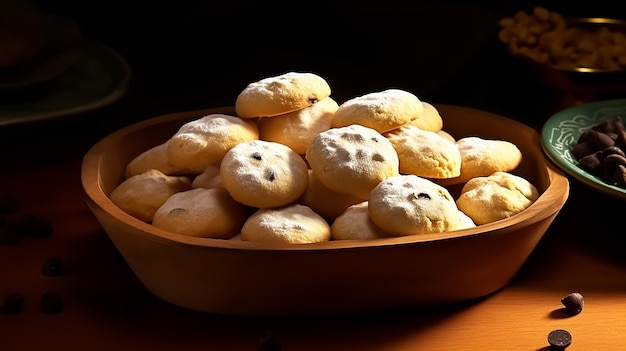 A bowl of biscuits with the word on it