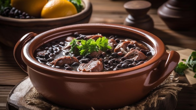 A bowl of black beans with a lemon in the background