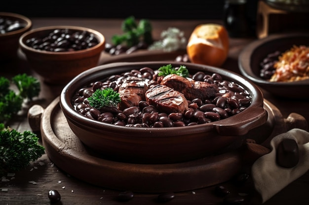 A bowl of black beans with meat on the side