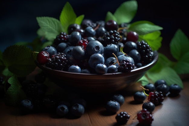 A bowl of blackberries and blueberries on a wooden table