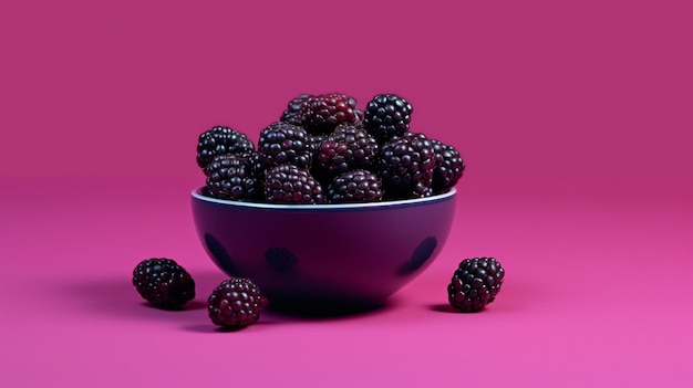 a bowl of blackberries with a pink background