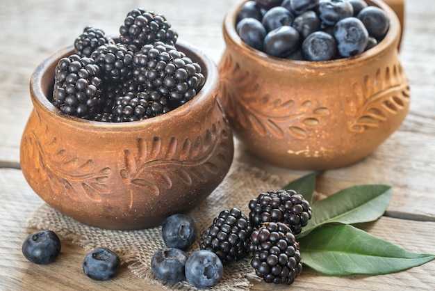 Bowl of blackberries on the wooden table