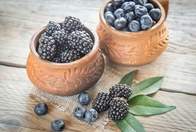 Bowl of blackberries on the wooden table