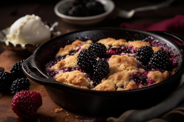 A bowl of blackberry cobbler with a scoop of cream on the side