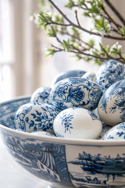 Bowl of Blue and White Decorated Eggs