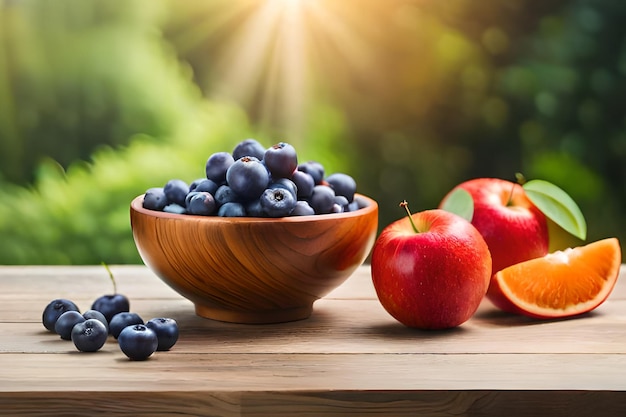 A bowl of blueberries and apples on a table