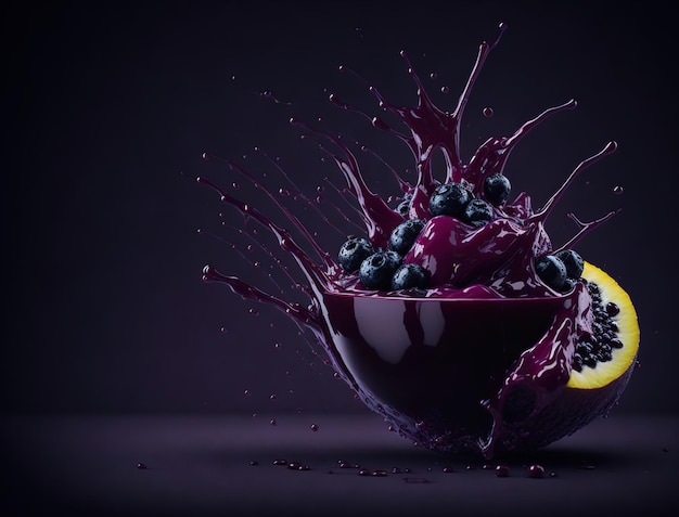 A bowl of blueberries and a lemon wedge is filled with ice cream.