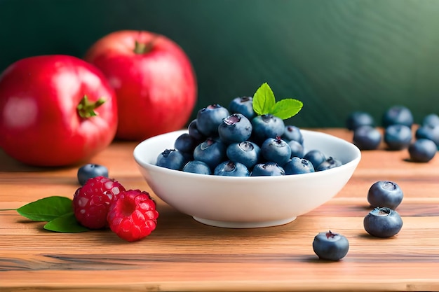 A bowl of blueberries and raspberries on a wooden table