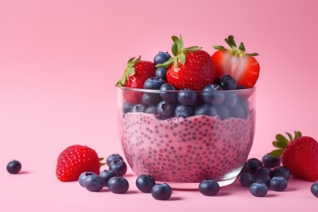 A bowl of blueberries and strawberries on a pink background