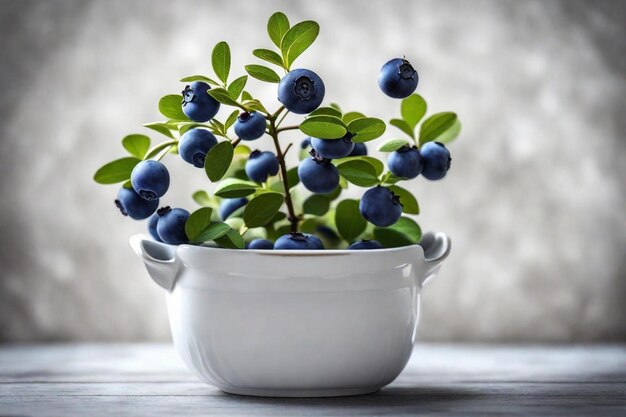 Photo a bowl of blueberries with green leaves on a table