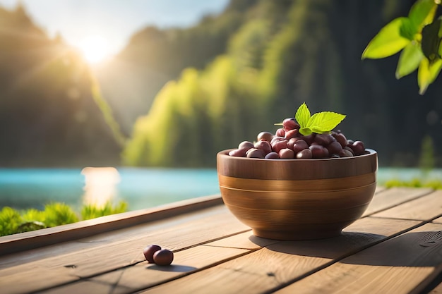 Bowl of blueberries on a wooden table with a lake in the background