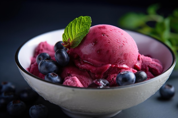 A bowl of blueberry ice cream with a leaf on top