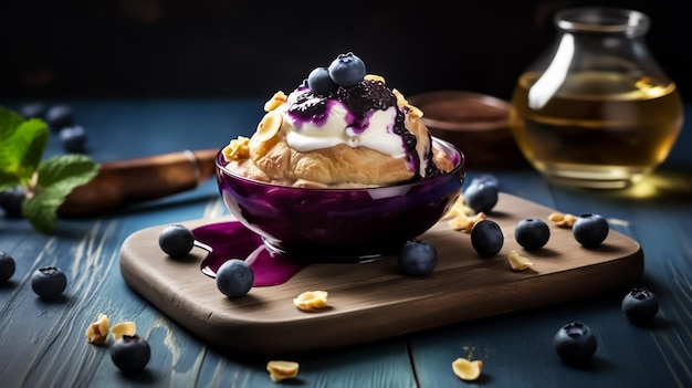 A bowl of blueberry yogurt with blueberries on a wooden table