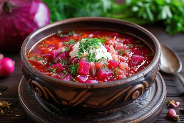 A bowl of borscht a traditional Russian soup filled with beets vegetables and hearty ingredients