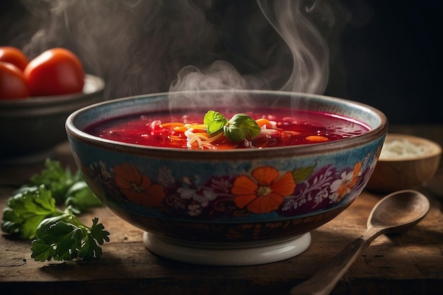 Bowl of Borscht with Rising Steam