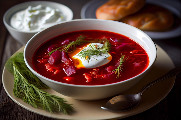 A bowl of borscht with a yoghurt and dill on the side.