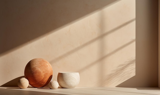 a bowl and bowls sit on a table in front of a wall.