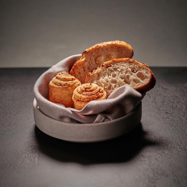 a bowl of bread with a cloth on it and a bowl of bread in the middle.