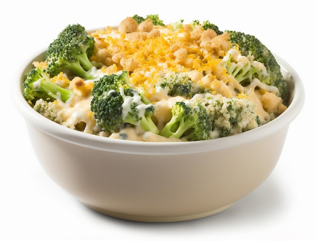 A bowl of broccoli and cheese with a white background.