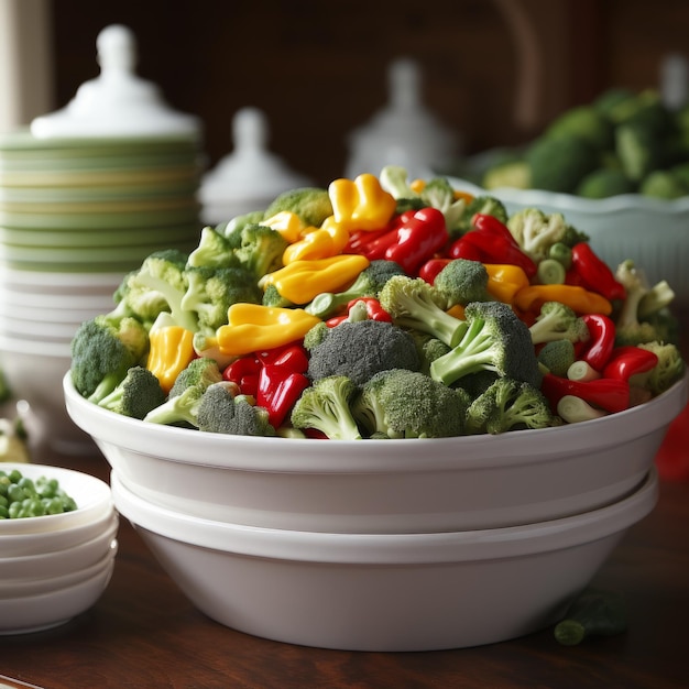 A bowl of broccoli red and yellow bell peppers