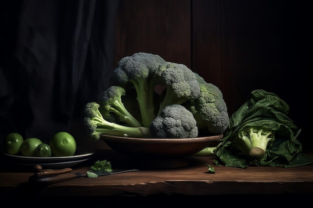 A bowl of broccoli sits on a table with a green apple and a plate of broccoli