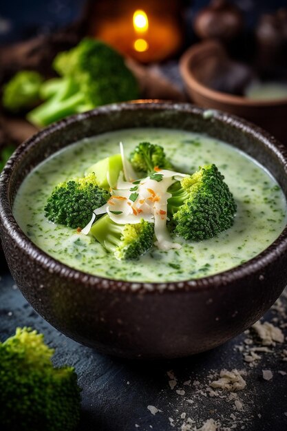 A bowl of broccoli soup with a bowl of broccoli.