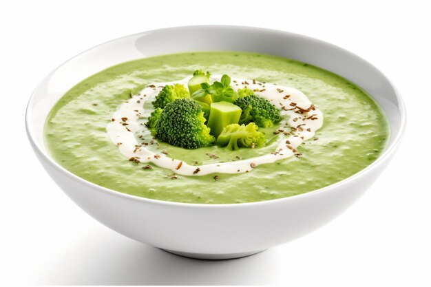 a bowl of broccoli soup with cream and garnish