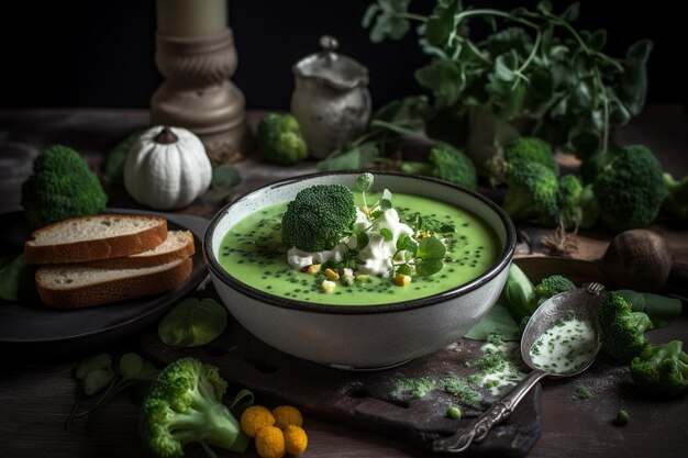 A bowl of broccoli soup with a spoon on a table next to it