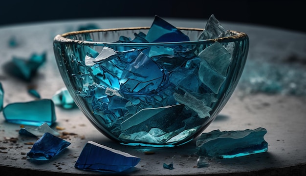 A bowl of broken blue glass sits on a table with the word broken on it.