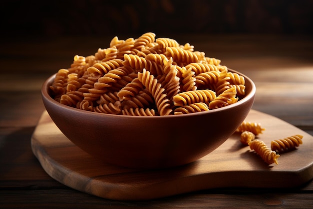 A bowl of brown fusilli pasta