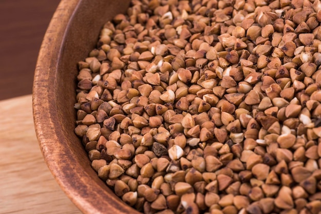 bowl of buckwheat grains on white wooden table.