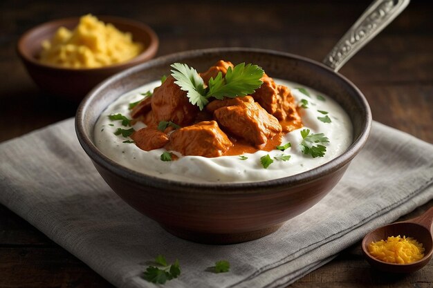 Photo a bowl of butter chicken topped with a dollop of yogur