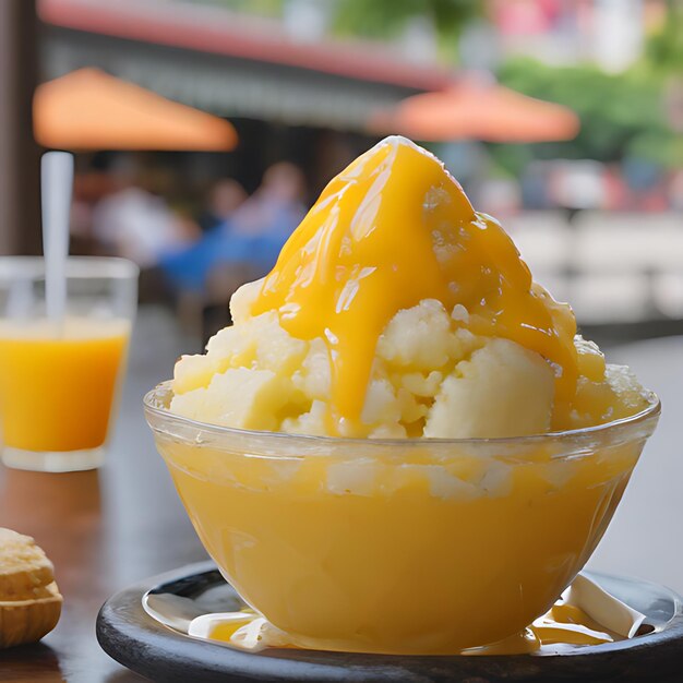 a bowl of butter with a glass of orange juice next to it