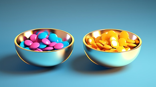 Bowl of candy and a bowl of pink and blue pills